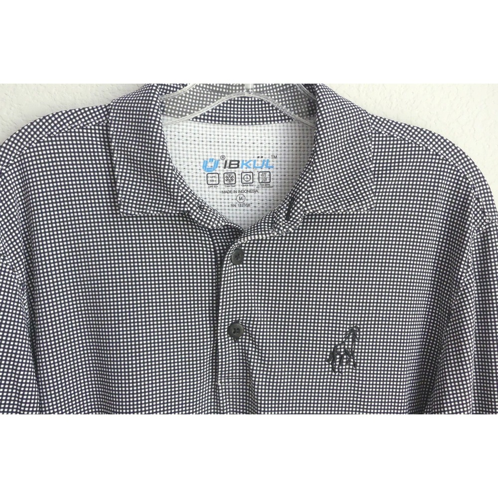 IBKUL Mens Long Sleeve Polo Shirt Medium Black Gingham IceFil UPF 50+ Quick Dry